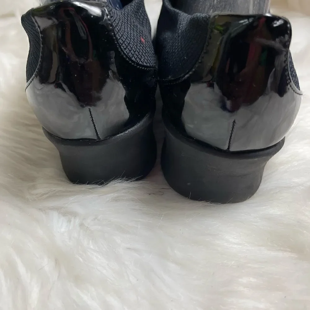 Abella Tiressa black patent and nylon wedge slip on rubber soles size 10
